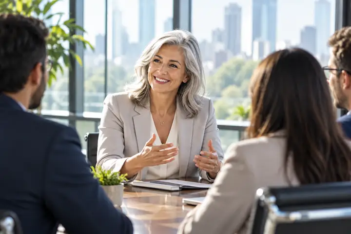 Consultor empresarial de cabello plateado sonriendo en una sala de reuniones moderna y luminosa