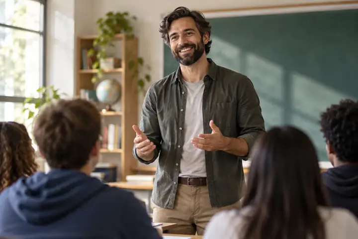 Profesor sonriente con barba de pie en un aula con iluminación suave