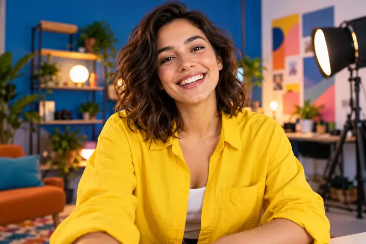 Joven creador de contenido con una camisa amarilla brillante sonriendo frente a una pared de estudio colorida