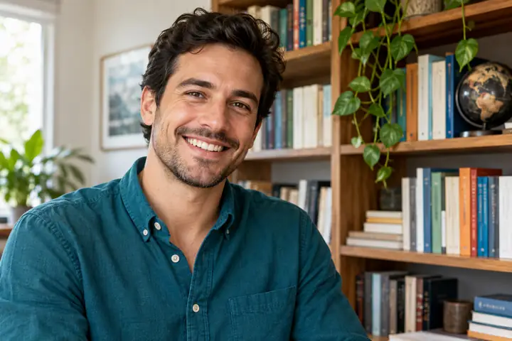 Investigador de cabello corto y oscuro con una camisa verde azulado sonriendo junto a una estantería