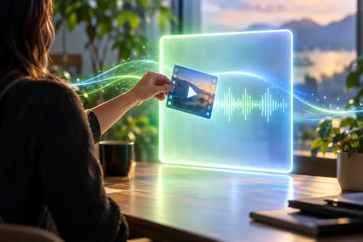 Panel de carga luminoso con un archivo de video añadido a un espacio de trabajo de transcripción, rodeado de una suave luz verde y azul