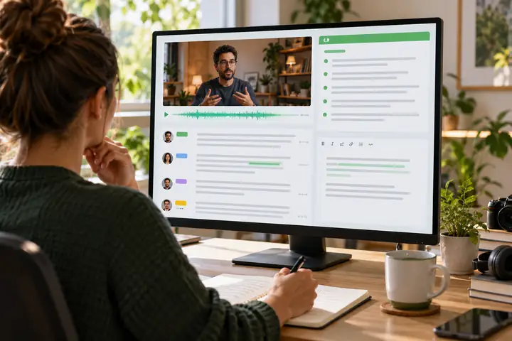 Espacio de trabajo luminoso en el navegador que muestra la transcripción de un video, etiquetas de hablantes, notas resumidas y un panel de edición limpio con detalles en verde